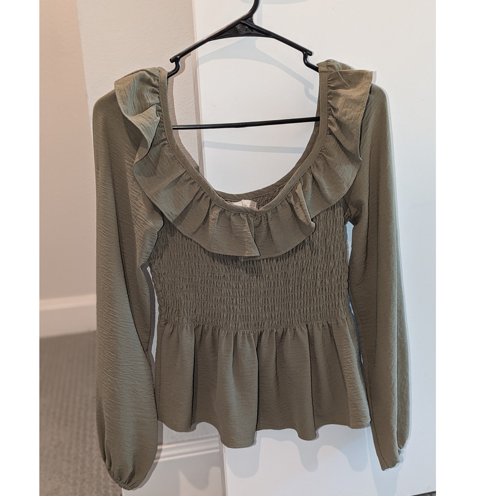 Altar'd State Olive Green Peplum Smocked Long-Sleeved Blouse